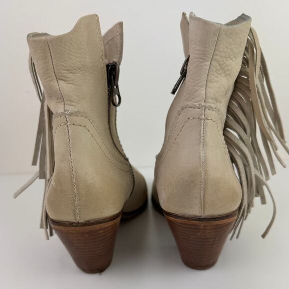 SAM EDELMAN Louie Beige Suede Side Zip Western Fringe Stacked Heel Boot Size 7 - Picture 4 of 6
